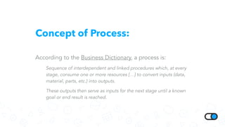 Concept of Process:
According to the Business Dictionary, a process is:
Sequence of interdependent and linked procedures which, at every
stage, consume one or more resources […] to convert inputs (data,
material, parts, etc.) into outputs.
These outputs then serve as inputs for the next stage until a known
goal or end result is reached.
 