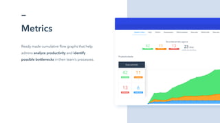 Metrics
Ready made cumulative flow graphs that help
admins analyze productivity and identify
possible bottlenecks in their team’s processes.
 
