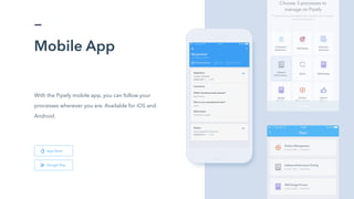 Mobile App
With the Pipefy mobile app, you can follow your
processes wherever you are. Available for iOS and
Android.
Google Play
App Store
 