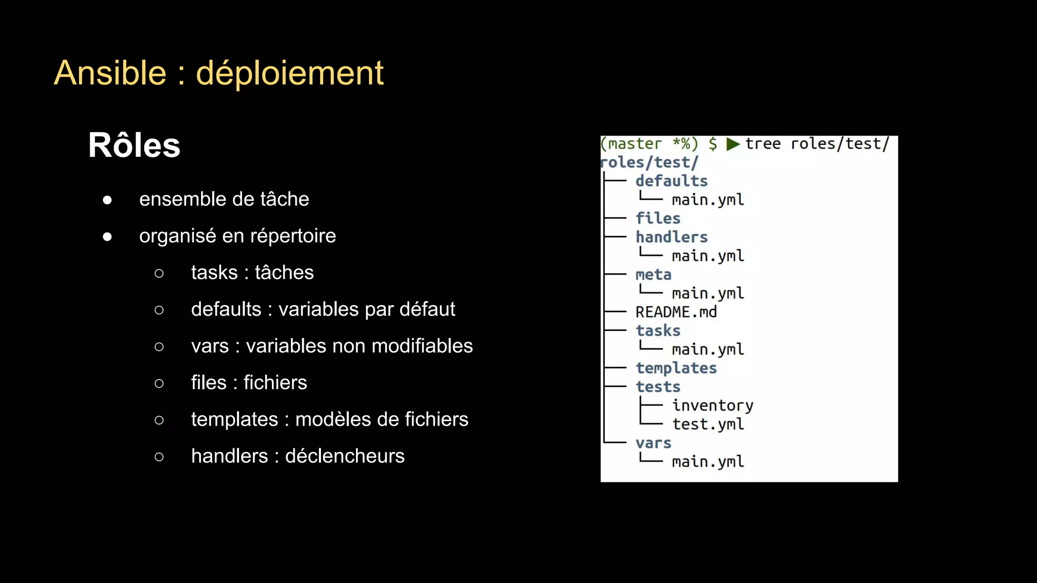 Ansible : déploiement
Rôles
● ensemble de tâche
● organisé en répertoire
○ tasks : tâches
○ defaults : variables par défaut
○ vars : variables non modifiables
○ files : fichiers
○ templates : modèles de fichiers
○ handlers : déclencheurs
 