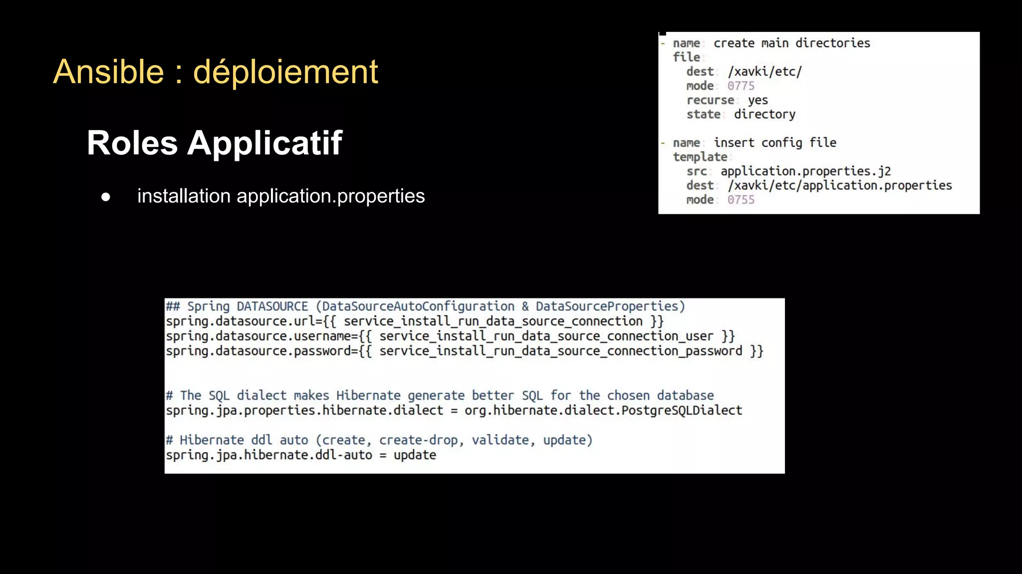 Ansible : déploiement
Roles Applicatif
● installation application.properties
 