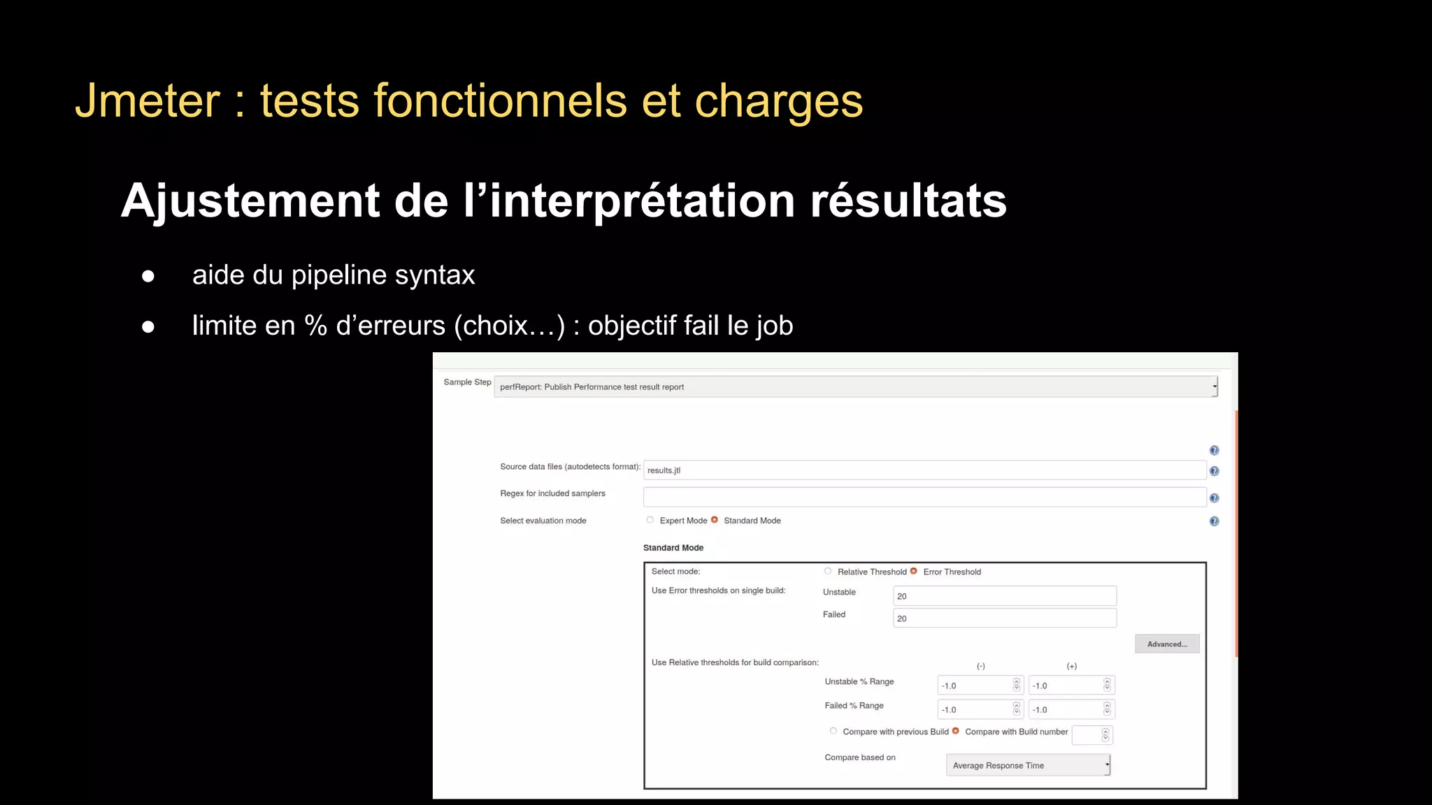 Jmeter : tests fonctionnels et charges
Ajustement de l’interprétation résultats
● aide du pipeline syntax
● limite en % d’erreurs (choix…) : objectif fail le job
 
