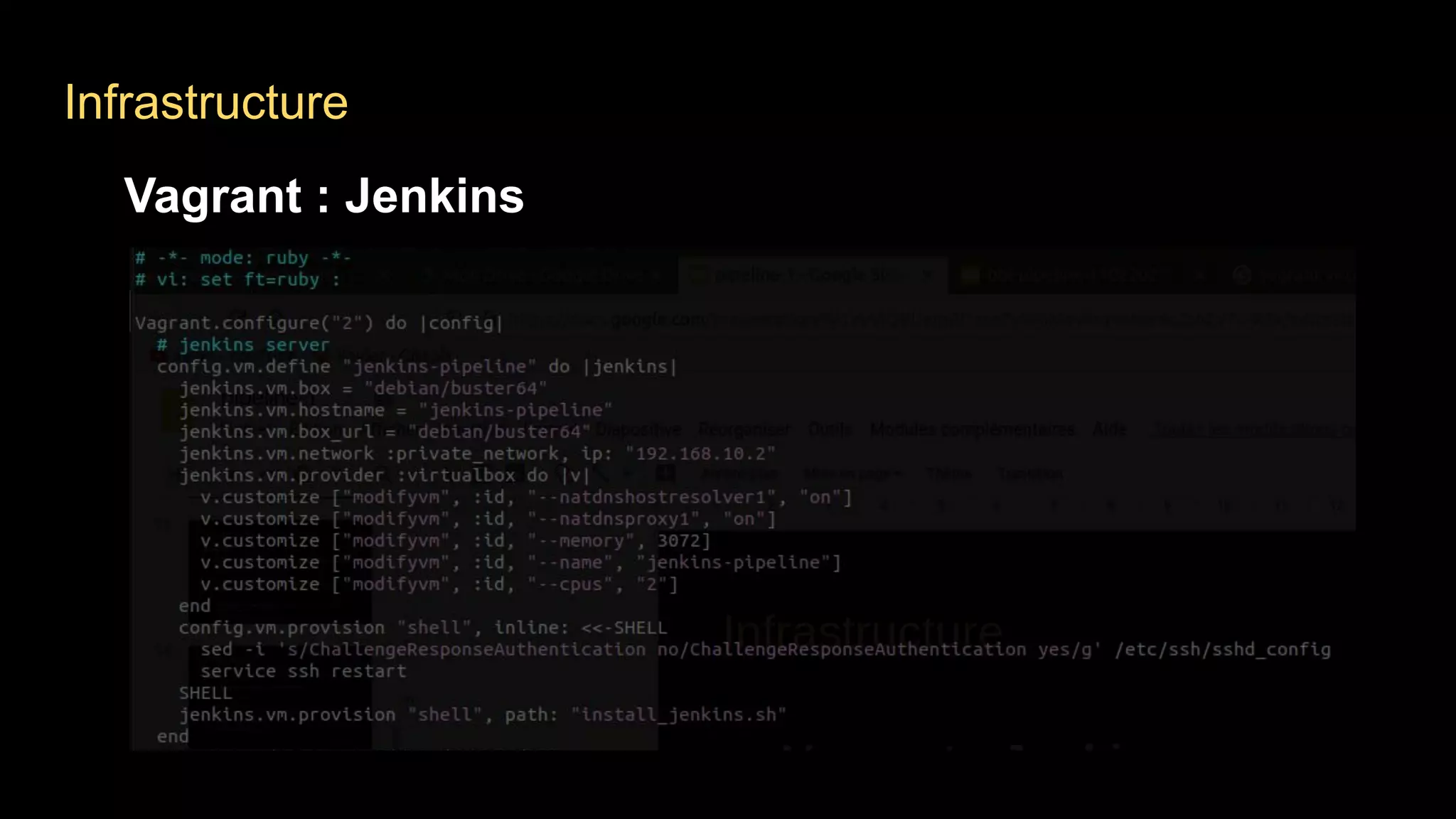 Infrastructure
Vagrant : Jenkins
 