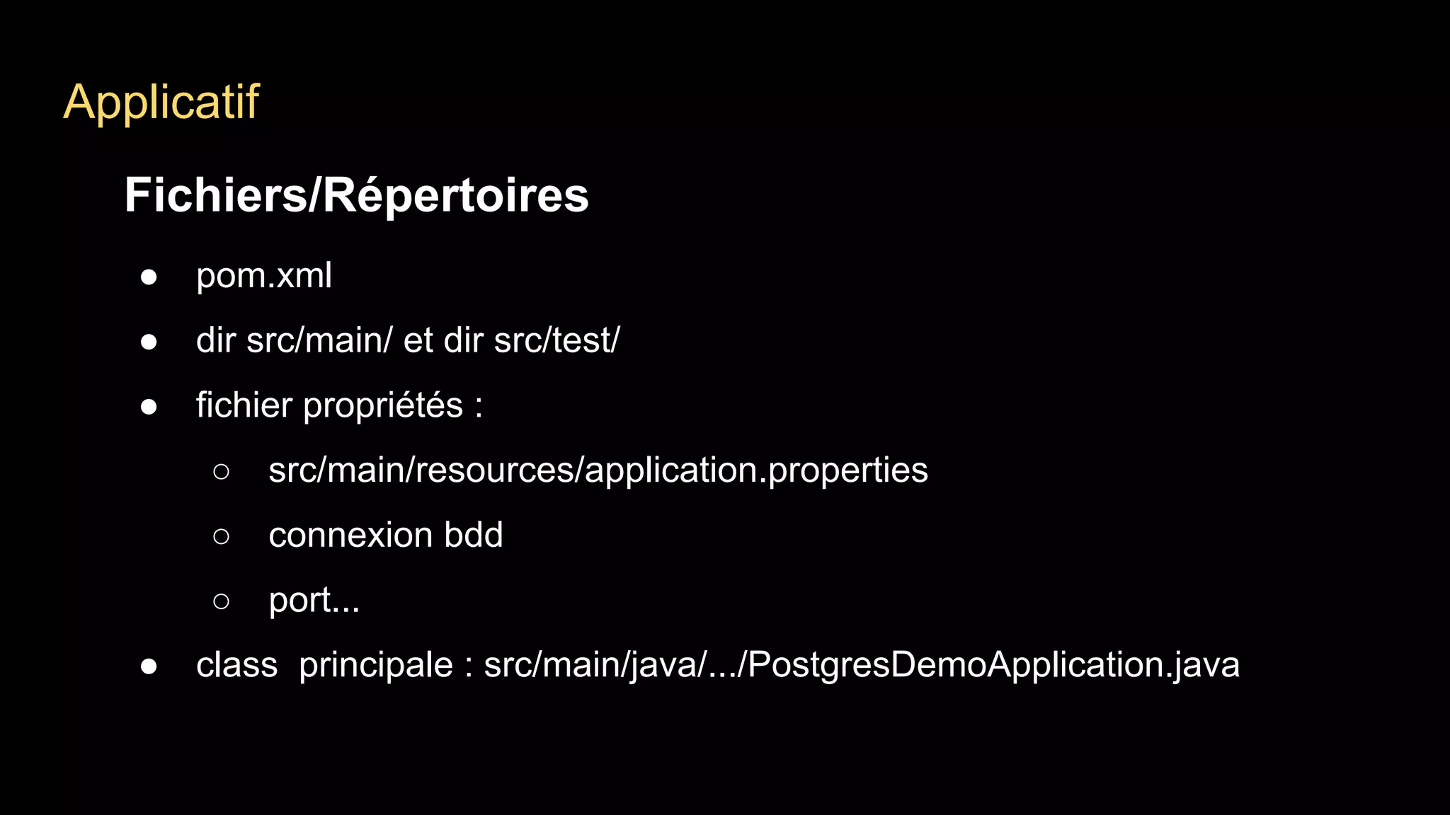 Applicatif
Fichiers/Répertoires
● pom.xml
● dir src/main/ et dir src/test/
● fichier propriétés :
○ src/main/resources/application.properties
○ connexion bdd
○ port...
● class principale : src/main/java/.../PostgresDemoApplication.java
 