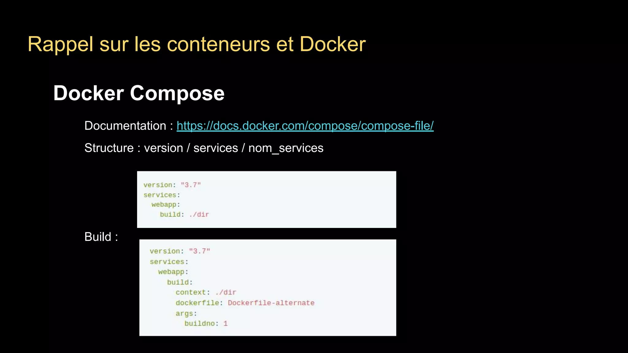 Rappel sur les conteneurs et Docker
Docker Compose
Documentation : https://docs.docker.com/compose/compose-file/
Structure : version / services / nom_services
Build :
 