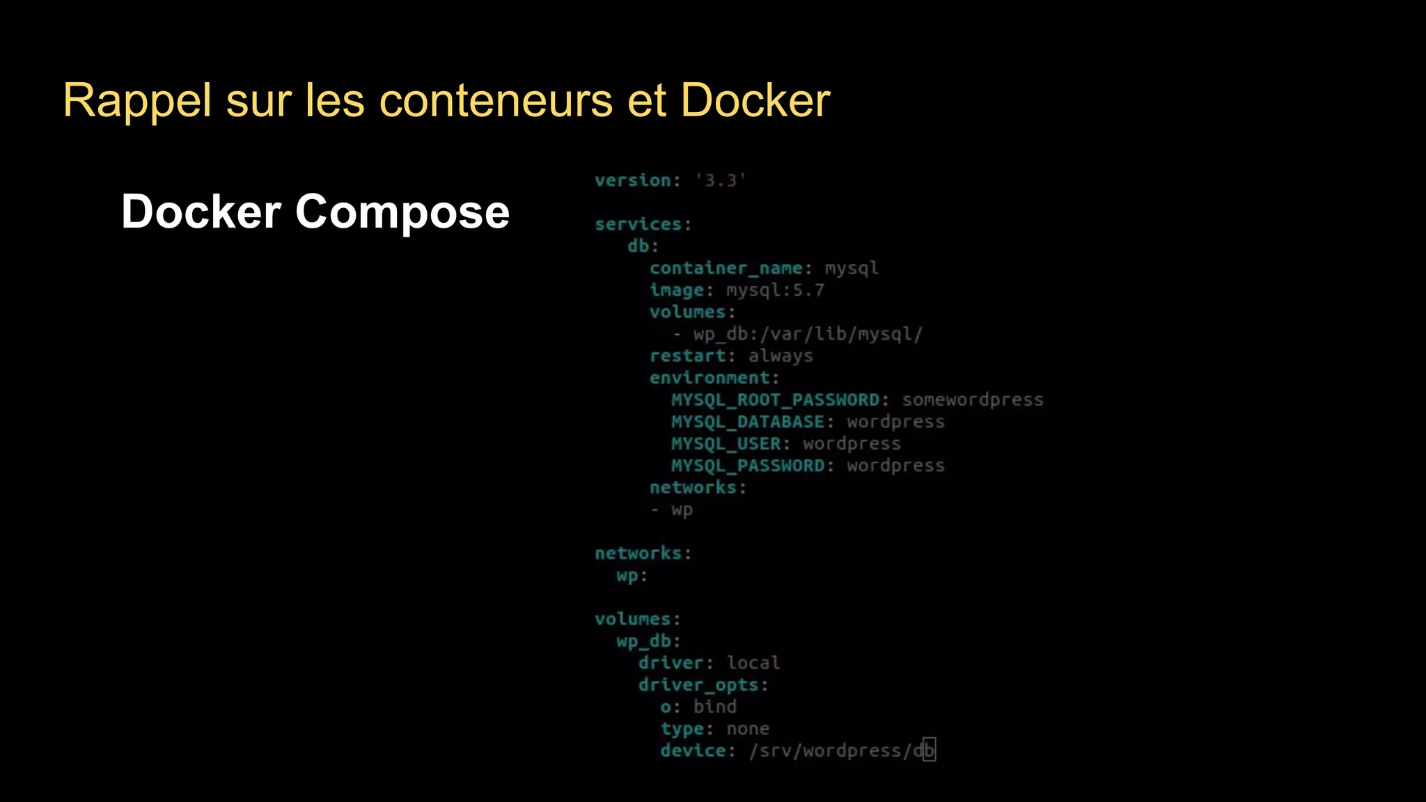 Docker Compose
Rappel sur les conteneurs et Docker
 