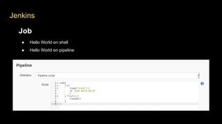 Jenkins
Job
● Hello World en shell
● Hello World en pipeline
 
