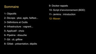 1- Objectifs
2- Devops : pkoi, agile, failfast...
3- Définitions et Outils
4- Infrastructure : vagrant...
5- Applicatif : choix
6- Pipeline : ébauche
7- Git : cli, gitflow
8- Gitlab : présentation, dépôts
9- Docker rappels
10- Script d’environnement (BDD)
11- Jenkins : introduction
12- Maven
Sommaire
 