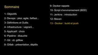 1- Objectifs
2- Devops : pkoi, agile, failfast...
3- Définitions et Outils
4- Infrastructure : vagrant...
5- Applicatif : choix
6- Pipeline : ébauche
7- Git : cli, gitflow
8- Gitlab : présentation, dépôts
9- Docker rappels
10- Script d’environnement (BDD)
11- Jenkins : introduction
12- Maven
13 - Docker : build et push
Sommaire
 
