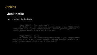 Jenkins
Jenkinsfile
● maven : build/tests
 