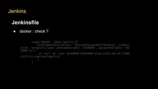 Jenkins
Jenkinsfile
● docker : check ?
 