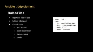 Ansible : déploiement
Roles/Files
● répertoire files ou pas
● fichiers “statiques”
● module copy
○ src : source
○ dest : destination
○ owner / group
○ mode
 