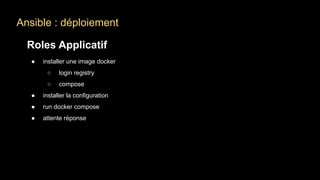 Ansible : déploiement
Roles Applicatif
● installer une image docker
○ login registry
○ compose
● installer la configuration
● run docker compose
● attente réponse
 