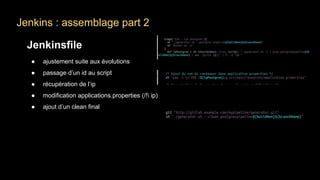 Jenkins : assemblage part 2
Jenkinsfile
● ajustement suite aux évolutions
● passage d’un id au script
● récupération de l’ip
● modification applications.properties (/! ip)
● ajout d’un clean final
 