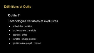 Définitions et Outils
Outils ?
Technologies variables et évolutives
● scheduler : jenkins
● orchestrateur : ansible
● dépôts : gitlab
● livrable : image docker
● gestionnaire projet : maven
 
