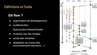Définitions et Outils
Git flow ?
● organisation de développement
● multibranches :
features/dev/release/master
● évolution par des merges
● existe des variantes
● adaptation au niveau des
environnements (serveurs…)
 