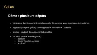 GitLab
Démo : plusieurs dépôts
● générateur d’environnement : script generator de compose (pour postgres en test unitaires)
● applicatif (usage de gitflow) : code applicatif + Jenkinsfile + Dockerfile
● ansible : playbook de déploiement et variables
● un dépôt par rôle ansible (gitflow) :
○ postgres
○ docker / docker-compose
○ applicatif
 