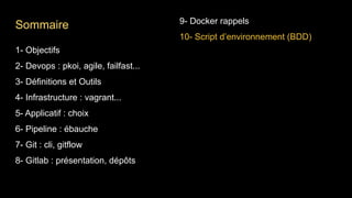 1- Objectifs
2- Devops : pkoi, agile, failfast...
3- Définitions et Outils
4- Infrastructure : vagrant...
5- Applicatif : choix
6- Pipeline : ébauche
7- Git : cli, gitflow
8- Gitlab : présentation, dépôts
9- Docker rappels
10- Script d’environnement (BDD)
Sommaire
 