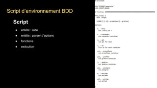 Script d’environnement BDD
Script
● entête : aide
● entête : parser d’options
● fonctions
● exécution
 