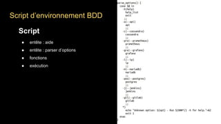 Script d’environnement BDD
Script
● entête : aide
● entête : parser d’options
● fonctions
● exécution
 