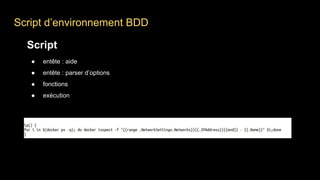 Script d’environnement BDD
Script
● entête : aide
● entête : parser d’options
● fonctions
● exécution
 