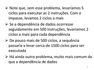 Note que, sem esse problema, levaríamos 5 ciclos para executar as 2 instruções. Com o impasse, levamos 2 ciclos a mais Se a dependência de dados ocorresse seguidamente em 500 instruções, levaríamos 2 ciclos a mais para cada dependência De pouco mais de 500 ciclos, a sequência passaria a levar cerca de 1500 ciclos para ser executada Há ainda outro problema, muito mais comum do que a dependência de dados 