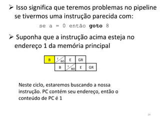 Isso significa que teremos problemas no pipeline se tivermos uma instrução parecida com: Suponha que a instrução acima esteja no endereço 1 da memória principal se a = 0 então  goto  8 B I BO Neste ciclo, estaremos buscando a nossa instrução. PC contém seu endereço, então o conteúdo de PC é 1 B E GR I BO B E GR I BO 