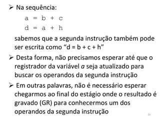 Na sequência: a = b + c d = a + h sabemos que a segunda instrução também pode ser escrita como “d = b + c + h” Desta forma, não precisamos esperar até que o registrador da variável  a  seja atualizado para buscar os operandos da segunda instrução Em outras palavras, não é necessário esperar chegarmos ao final do estágio onde o resultado é gravado (GR) para conhecermos um dos operandos da segunda instrução 
