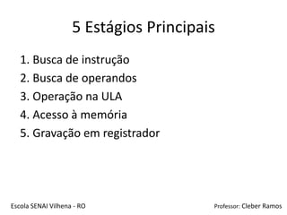 5 Estágios Principais
   1. Busca de instrução
   2. Busca de operandos
   3. Operação na ULA
   4. Acesso à memória
   5. Gravação em registrador




Escola SENAI Vilhena - RO               Professor: Cleber Ramos
 