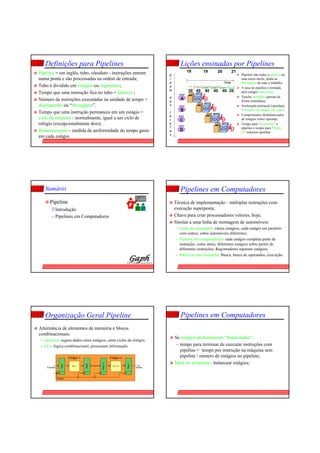 7
Definições para Pipelines
Pipeline = em inglês, tubo, oleoduto - instruções entram
numa ponta e são processadas na ordem de entrada;
Tubo é dividido em estágios ou segmentos;
Tempo que uma instrução fica no tubo = latência ;
Número de instruções executadas na unidade de tempo =
desempenho ou “throughput”.
Tempo que uma instrução permanece em um estágio =
ciclo de máquina - normalmente, igual a um ciclo de
relógio (excepcionalmente dois);
Balanceamento - medida da uniformidade do tempo gasto
em cada estágio.
8
Lições ensinadas por Pipelines
Pipeline não reduz a latência de
uma única tarefa, ajuda no
throughput de todo o trabalho;
A taxa de pipeline é limitada
pelo estágio mais lento;
Tarefas múltiplas operam de
forma simultânea;
Aceleração potencial (speedup)
= Número de estágios do pipe;
Comprimentos desbalanceados
de estágios reduz speedup;
Tempo para “preencher” o
pipeline e tempo para “drená-
lo” reduzem speedup.
A
B
C
D
Time
30 40 40 40 40 20
18 19 20 21
O
r
d
e
m
d
a
s
t
a
r
e
f
a
s
9
Sumário
Org Comp
Pipeline
Introdução
– Pipelines em Computadores
10
Pipelines em Computadores
Técnica de implementação - múltiplas instruções com
execução superposta;
Chave para criar processadores velozes, hoje;
Similar a uma linha de montagem de automóveis:
– Linha de montagem: vários estágios; cada estágio em paralelo
com outros, sobre automóveis diferentes;
– Pipeline em computadores: cada estágio completa parte de
instrução; como antes, diferentes estágios sobre partes de
diferentes instruções; Registradores separam estágios;
– Partes de uma instrução: Busca, busca de operandos, execução.
11
Organização Geral Pipeline
Alternância de elementos de memória e blocos
combinacionais:
– memória: segura dados entre estágios, entre ciclos de relógio;
– CCs: lógica combinacional, processam informação.
CC n-1CC 1
Relógio
A
Reg1
Reg2
Regn-1
Regn
Entradas Saídas
Estágio 1 Estágio n
12
Pipelines em Computadores
Se estágios perfeitamente “balanceados”:
– tempo para terminar de executar instruções com
pipeline = tempo por instrução na máquina sem
pipeline / número de estágios no pipeline;
Meta do projetista - balancear estágios;
 