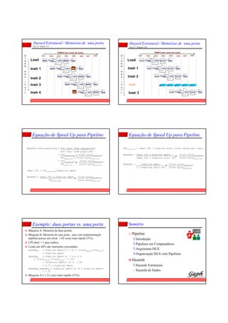 25
Hazard Estrutural / Memórias de uma porta
Fig 3.6, Página 142
Load
Instr 1
Instr 2
Instr 3
Instr 4
O
r
d
e
m
d
a
s
I
n
s
t
r.
CC1 CC2 CC3 CC4 CC5 CC6 CC7 CC8
TEMPO (em ciclos de clock)
aluMEM MEMReg Reg
aluMEM MEMReg Reg
aluMEM MEMReg Reg
aluMEM MEMReg Reg
aluMEM MEMReg Reg
26
Hazard Estrutural / Memórias de uma porta
Fig 3.7, Página 143
Load
Instr 1
Instr 2
stall
Instr 3
O
r
d
e
m
d
a
s
I
n
s
t
r.
CC1 CC2 CC3 CC4 CC5 CC6 CC7 CC8
TEMPO (em ciclos de clock)
alumem memReg Reg
alumem memReg Reg
alumem memReg Reg
alumem memReg Reg
BOLHA BOLHA BOLHA BOLHABOLHA
27
Equação de Speed Up para Pipeline
Speedup from pipelining = Ave Instr Time unpipelined
Ave Instr Time pipelined
= CPIunpipelined x Clock Cycleunpipelined
CPIpipelined x Clock Cyclepipelined
= CPIunpipelined Clock Cycleunpipelined
CPIpipelined Clock Cyclepipelined
Ideal CPI = CPIunpipelined/Pipeline depth
Speedup = Ideal CPI x Pipeline depth Clock Cycleunpipelined
CPIpipelined Clock Cyclepipelined
x
x
28
Equação de Speed Up para Pipeline
CPIpipelined = Ideal CPI + Pipeline stall clock cycles per instr
Speedup = Ideal CPI x Pipeline depth Clock Cycleunpipelined
Ideal CPI + Pipeline stall CPI Clock Cyclepipelined
Speedup = Pipeline depth Clock Cycleunpipelined
1 + Pipeline stall CPI Clock Cyclepipelined
x
x
29
Exemplo: duas portas vs. uma porta
Máquina A: Memória de duas portas;
Máquina B: Memória de uma porta , mas com implementação
pipeline possui um clock 1.05 vezes mais rápido (5%);
CPI ideal = 1 para ambos;
Loads são 40% das instruções executadas;
SpeedUpA = Pipeline Depth/(1 + 0) x (clockunpipe/clockpipe)
= Pipeline Depth
SpeedUpB = Pipeline Depth/(1 + 0.4 x 1)
x (clockunpipe/(clockunpipe / 1.05)
= (Pipeline Depth/1.4) x 1.05
= 0.75 x Pipeline Depth
SpeedUpA/SpeedUpB = Pipeline Depth/(0.75 x Pipeline Depth)
= 1.33
Máquina A é 1.33 vezes mais rápida (33%).
30
Sumário
Org Comp
Pipeline
Introdução
Pipelines em Computadores
Arquitetura DLX
Organização DLX com Pipelines
Hazards
Hazards Estruturais
– Hazards de Dados
 