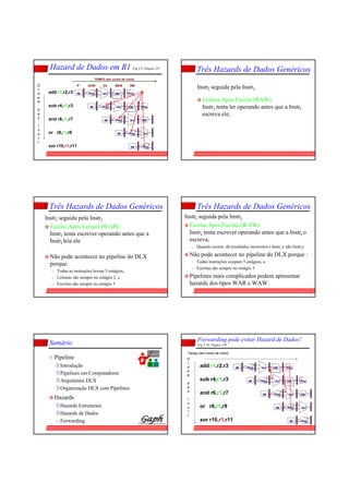 31
Hazard de Dados em R1 Fig 3.9, Página 147
add r1,r2,r3
sub r4,r1,r3
and r6,r1,r7
or r8,r1,r9
xor r10,r1,r11
O
r
d
e
m
d
a
s
I
n
s
t
r.
TEMPO (em ciclos de clock)
IF ID/RF EX MEM WB
aluIM DMReg Reg
aluIM DMReg Reg
aluIM DMReg
aluIM Reg
IM Reg
32
Três Hazards de Dados Genéricos
InstrI seguida pela InstrJ
Leitura Após Escrita (RAW)
InstrJ tenta ler operando antes que a InstrI
escreva ele;
33
Três Hazards de Dados Genéricos
InstrI seguida pela InstrJ
Escrita Após Leitura (WAR)
InstrJ tenta escrever operando antes que a
InstrI leia ele
Não pode acontecer no pipeline do DLX
porque:
– Todas as instruções levam 5 estágios,
– Leituras são sempre no estágio 2, e
– Escritas são sempre no estágio 5
34
Três Hazards de Dados Genéricos
InstrI seguida pela InstrJ
Escrita Após Escrita (WAW)
InstrJ tenta escrever operando antes que a InstrI o
escreva;
– Quando ocorre, dá resultados incorretos ( InstrI e não InstrJ)
Não pode acontecer no pipeline do DLX porque :
– Todas instruções ocupam 5 estágios, e
– Escritas são sempre no estágio 5
Pipelines mais complicados podem apresentar
hazards dos tipos WAR e WAW.
35
Sumário
Arq Comp
Pipeline
Introdução
Pipelines em Computadores
Arquitetura DLX
Organização DLX com Pipelines
Hazards
Hazards Estruturais
Hazards de Dados
– Forwarding
36
Forwarding pode evitar Hazard de Dados!
Fig 3.10, Página 149
add r1,r2,r3
sub r4,r1,r3
and r6,r1,r7
or r8,r1,r9
xor r10,r1,r11
O
r
d
e
m
d
a
s
I
n
s
t
r.
Tempo (em ciclos de clock)
aluIM DMReg Reg
aluIM DMReg Reg
aluIM DMReg
aluIM Reg
IM Reg
 