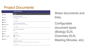 Project Documents
Share documents and
links.
Configurable
document types
(Biology ELN,
Chemistry ELN,
Meeting Minutes, etc)
 