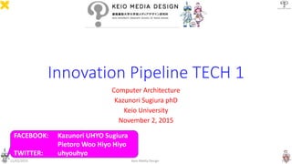 Innovation Pipeline TECH 1
Computer Architecture
Kazunori Sugiura phD
Keio University
November 2, 2015
FACEBOOK: Kazunori UHYO Sugiura
Pietoro Woo Hiyo Hiyo
TWITTER: uhyouhyo
11/02/2015 Keio Media Design 1
 