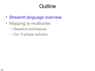 Outline
• StreamIt language overview
• Mapping to multicores
– Baseline techniques
– Our 3-phase solution

12

 