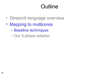 Outline
• StreamIt language overview
• Mapping to multicores
– Baseline techniques
– Our 3-phase solution

18

 