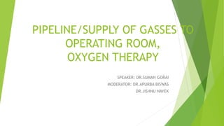 PIPELINE/SUPPLY OF GASSES TO
OPERATING ROOM,
OXYGEN THERAPY
SPEAKER: DR.SUMAN GORAI
MODERATOR: DR.APURBA BISWAS
DR.JISHNU NAYEK
 