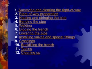 1. Surveying and clearing the right-of-way
2. Right-of-way preparation
3. Hauling and stringing the pipe
4. Bending the pipe
5. Welding
6. Digging the trench
7. Lowering the pipe
8. Installing valves and special fittings
9. Crossings
10. Backfilling the trench
11. Testing
12. Cleaning up
 