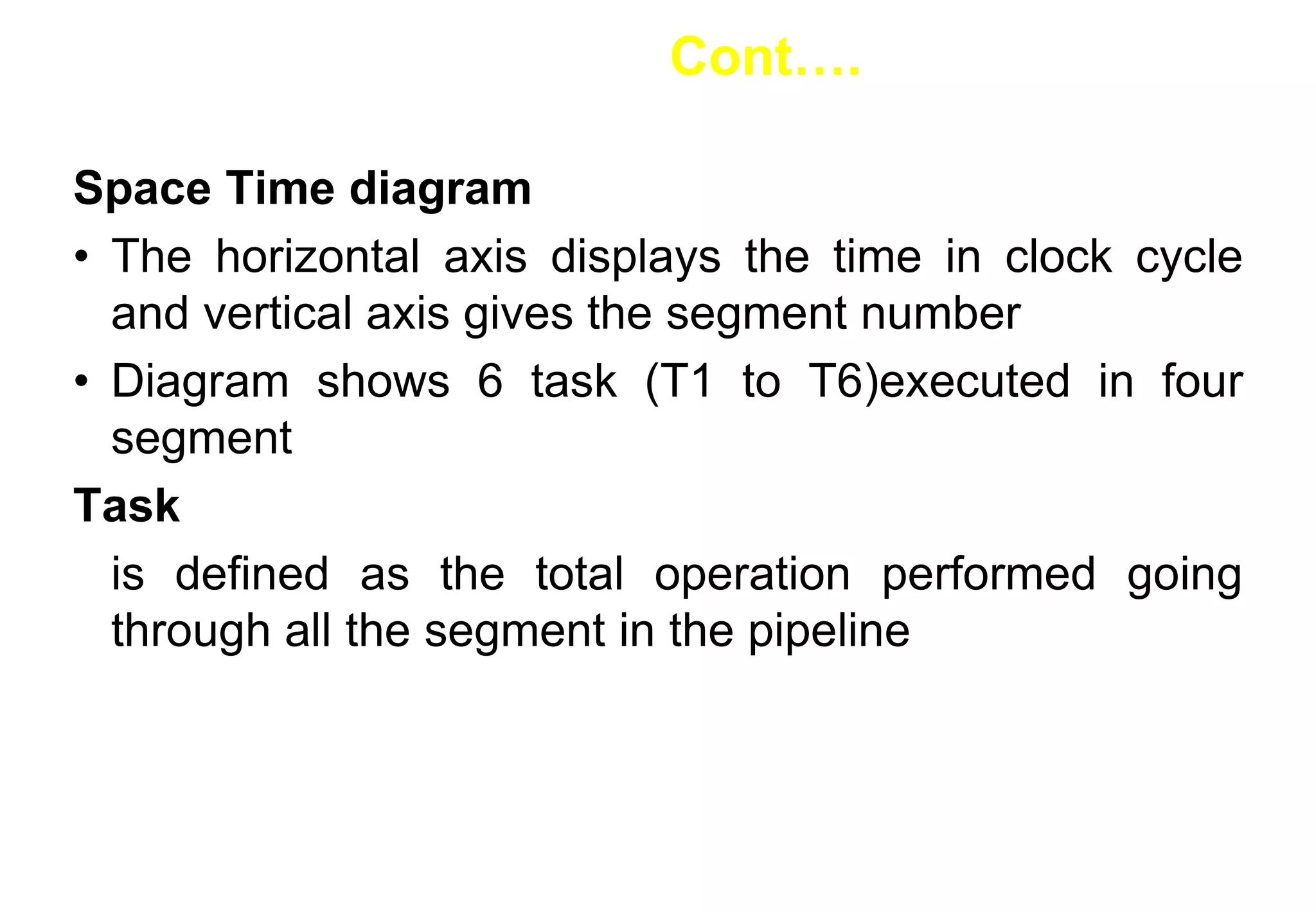 Space Time diagram
• The horizontal axis displays the time in clock cycle
and vertical axis gives the segment number
• Diagram shows 6 task (T1 to T6)executed in four
segment
Task
is defined as the total operation performed going
through all the segment in the pipeline
Cont….
 