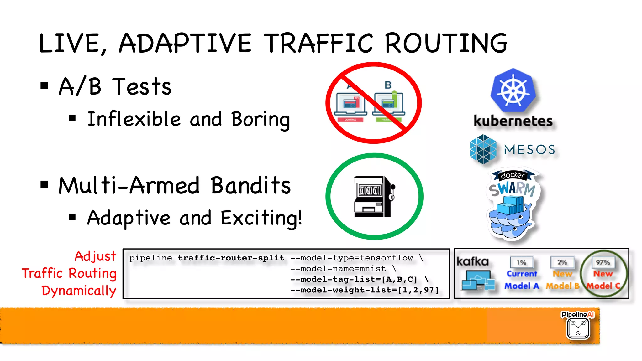 LIVE, ADAPTIVE TRAFFIC ROUTING
§ A/B Tests
§ Inflexible and Boring
§ Multi-Armed Bandits
§ Adaptive and Exciting!
pipeline traffic-router-split --model-type=tensorflow 
--model-name=mnist 
--model-tag-list=[A,B,C] 
--model-weight-list=[1,2,97]
Adjust
Traffic Routing
Dynamically
 