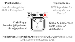 “Halliburton uses PipelineAI to power its Oil & Gas Vertical Cloud”
(LIFE Conference Keynote 2018)
“PipelineAI is…
Uber Michelangelo for
AI-First Enterprises.”
“PipelineAI is…
AWS SageMaker for
Industry Vertical
Clouds.”
Chris Fregly
Founder @ PipelineAI
chris@pipeline.ai
Global AI Conference
Santa Clara, CA
Jan 23, 2019
 