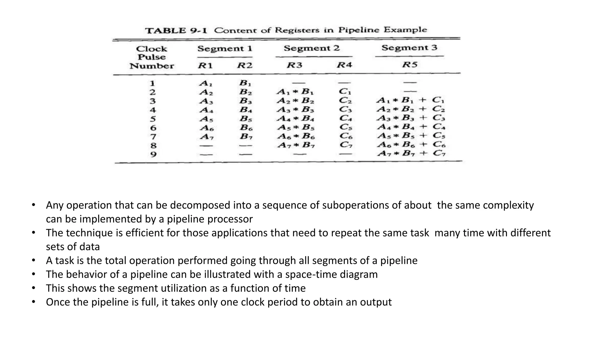 • Any operation that can be decomposed into a sequence of suboperations of about the same complexity
can be implemented by a pipeline processor
• The technique is efficient for those applications that need to repeat the same task many time with different
sets of data
• A task is the total operation performed going through all segments of a pipeline
• The behavior of a pipeline can be illustrated with a space-time diagram
• This shows the segment utilization as a function of time
• Once the pipeline is full, it takes only one clock period to obtain an output
 