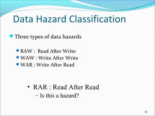 36
Data Hazard Classification
Three types of data hazards
RAW : Read After Write
WAW : Write After Write
WAR : Write After Read
• RAR : Read After Read
– Is this a hazard?
 