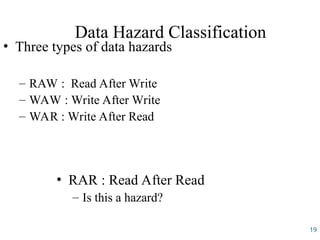 19
Data Hazard Classification
• Three types of data hazards
– RAW : Read After Write
– WAW : Write After Write
– WAR : Write After Read
• RAR : Read After Read
– Is this a hazard?
 
