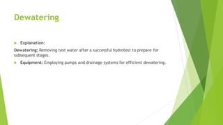 Dewatering
 Explanation:
Dewatering: Removing test water after a successful hydrotest to prepare for
subsequent stages.
 Equipment: Employing pumps and drainage systems for efficient dewatering.
 