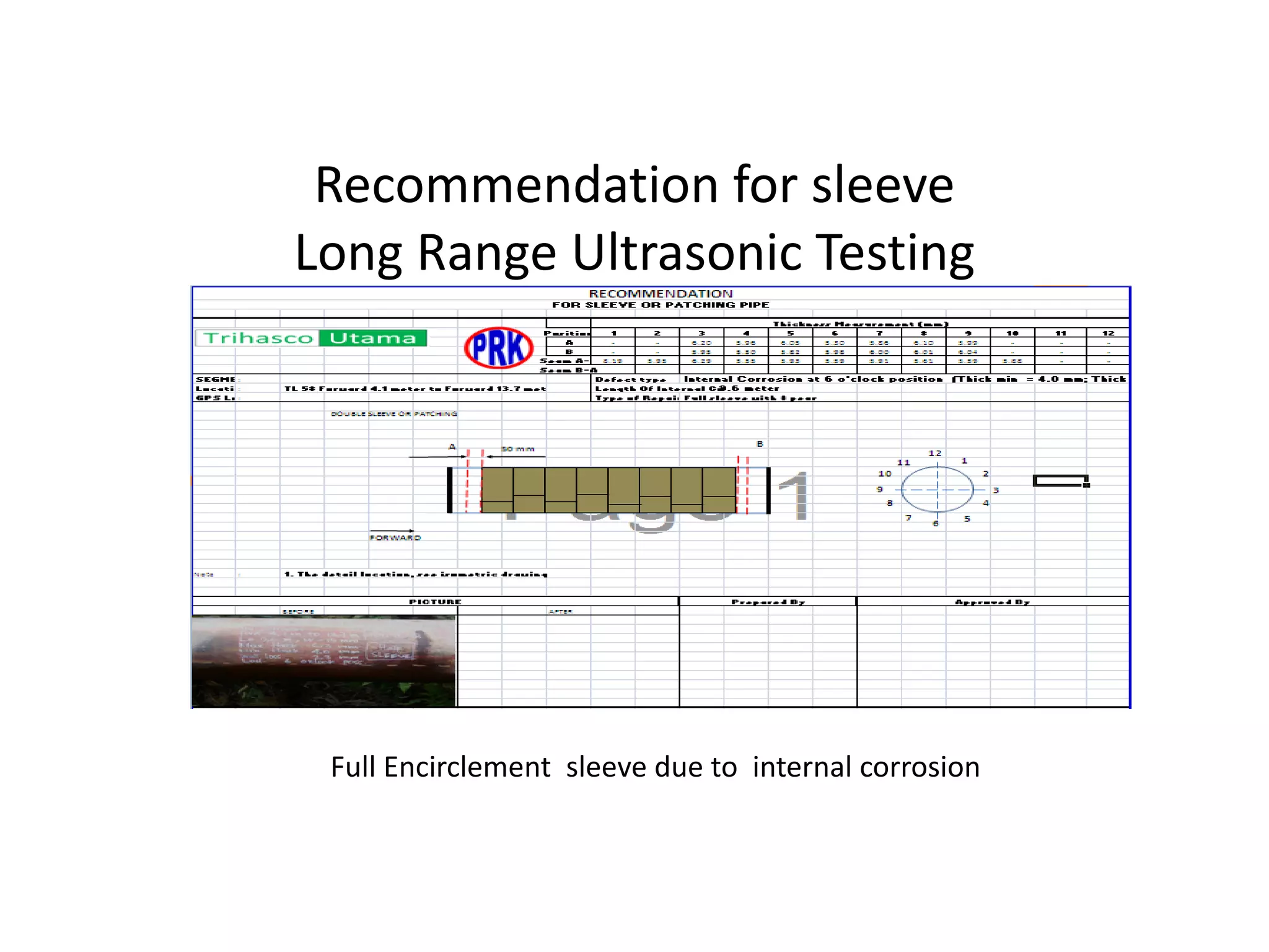 Recommendation for sleeve
Long Range Ultrasonic Testing
Full Encirclement sleeve due to internal corrosion
 