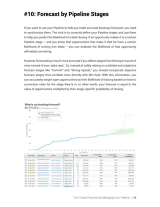The 10 Best Practices for Managing Your Pipeline // 16
#10: Forecast by Pipeline Stages
If you want to use your Pipeline to help you make accurate bookings forecasts, you need
to synchronize them. The trick is to correctly define your Pipeline stages and use them
to help you predict the likelihood of a deal closing. If an opportunity makes it to a certain
Pipeline stage – and you know that opportunities that make it that far have a certain
likelihood of turning into deals – you can evaluate the likelihood of that opportunity
ultimately converting.
However, forecasting is much more accurate if you define stages from the buyer’s point of
view instead of your sales reps’. So, instead of solely relying on outdated and subjective
forecast stages like “Commit” and “Strong Upside,” you should incorporate objective
forecast stages that correlate more directly with Win Rate. With this information, you
can accurately weight open opportunities by their likelihood of closing based on historic
conversion rates for the stage they’re in. In other words, your forecast is equal to the
value of opportunities multiplied by their stage-specific probability of closing.
 
