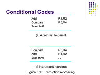 Conditional Codes
Add
Compare
Branch=0
R1,R2
R3,R4
. . .
Compare
Add
Branch=0
R3,R4
R1,R2
. . .
(a) A program fragment
(b) Instructions reordered
Figure 8.17. Instruction reordering.
 