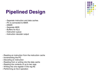 Pipelined Design
- Separate instruction and data caches
- PC is connected to IMAR
- DMAR
- Separate MDR
- Buffers for ALU
- Instruction queue
- Instruction decoder output
- Reading an instruction from the instruction cache
- Incrementing the PC
- Decoding an instruction
- Reading from or writing into the data cache
- Reading the contents of up to two regs
- Writing into one register in the reg file
- Performing an ALU operation
 