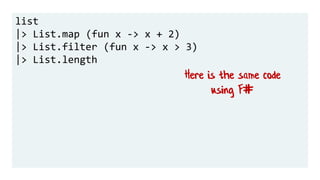 list
|> List.map (fun x -> x + 2)
|> List.filter (fun x -> x > 3)
|> List.length
Here is the same code
using F#
 